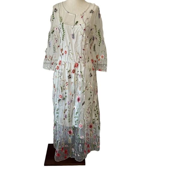 New Embroidered Floral Sheer + Lined Cottagecore Midi or Maxi Dress Miss Look 6 - Picture 1 of 12